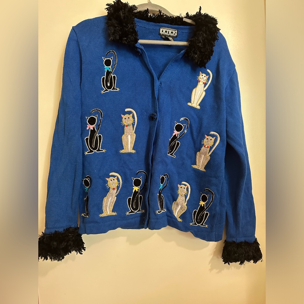 Vintage y2k sequin and faux fur cat cardigan